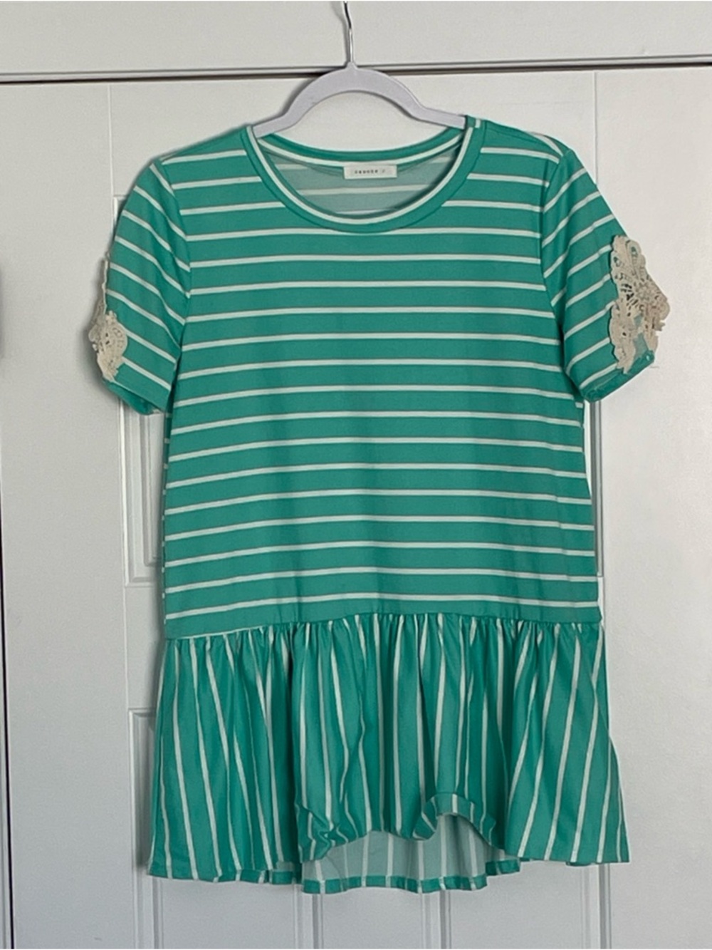 Reborn J Womens Peplum Top Size Small Teal White Stripes Lace Short Sleeves